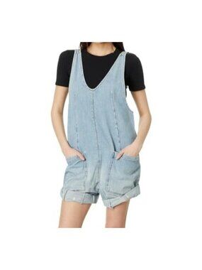 NWT Free People High Roller Shortalls XS Blue Denim Slouchy Bib Romper MSRP $88